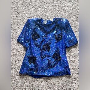 Vtg GLAM ROCK Blue Silk Sequin Beaded Top W/ Floral Design - M